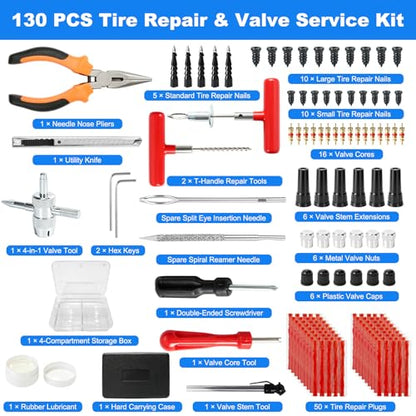 Tire Plug Kit, 130 PCS Tubeless Tire Repair Kit with Heavy-Duty Metal T-Handle Tools, Repair Strips, Screw-in Repair Plugs, Valve Stem Service Accessories & Hard Case for Car SUV Motorcycle ATV - color: 130Pcs Tire Repair Kit