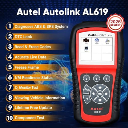 Autel AutoLink AL619 OBD2 Scanner, 2026 ABS SRS Warning Light Diagnostic Scan Tool, Up of AL519 ML519 ML619, 10 OBDII Test Modes, DTCs Lookup, Live Data, Turn Off Check Engine Light OBDII Code Reader