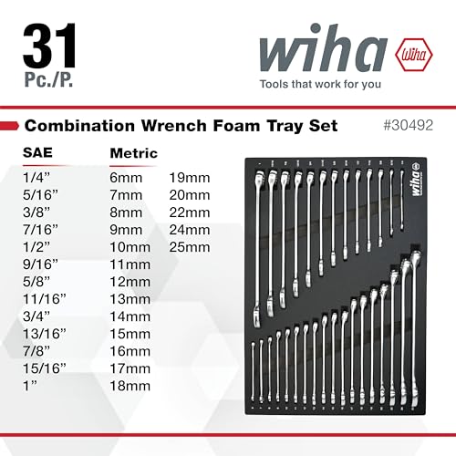 Wiha 30492 31-Piece Combination Wrench Set, SAE and Metric | 12-Point Box and Open Ends, Full Drawer Tray