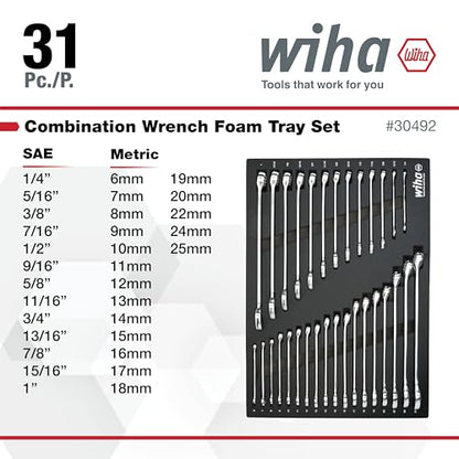 Wiha 30492 31-Piece Combination Wrench Set, SAE and Metric | 12-Point Box and Open Ends, Full Drawer Tray