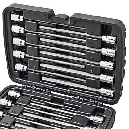 CARBYNE 18-Piece Extra Long Hex (Allen) Bit Socket Set, SAE 1/8 to 3/8 in. and Metric 3 to 10mm, 3/8 in. Drive, S2 Steel, CrV Sockets, 6.1 in. Length, Durable Case - size: Straight