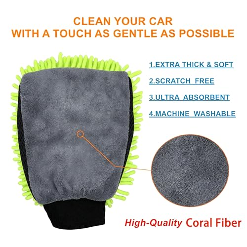 3 PCS Microfiber Car Wash Mitt, Microfiber Chenille Car Wash Sponge Glove for Car Washing and Detailing Scratch-Free, Lint-Free, Foam Gun, and Absorbent, Foam Scrubber, Cleaning Supplies