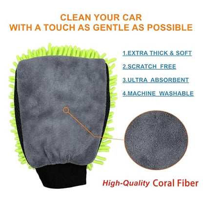 3 PCS Microfiber Car Wash Mitt, Microfiber Chenille Car Wash Sponge Glove for Car Washing and Detailing Scratch-Free, Lint-Free, Foam Gun, and Absorbent, Foam Scrubber, Cleaning Supplies