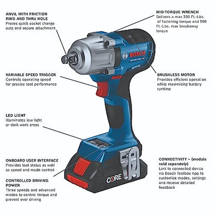 Bosch GDS18V-330CB25 18V Brushless Connected-Ready 1/2 In. Mid-Torque Impact Wrench Kit with Friction Ring and Thru-Hole and (2) CORE18V® 4 Ah Advanced Power Batteries - style: w/ (2) 18V 4 Ah Batteries