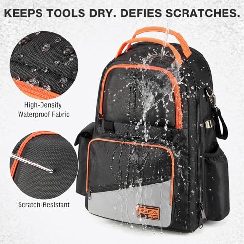 HISEA Tool Backpack, 18-Inch Heavy Duty Tool Bag Organizer with 37 Pockets | 1680D Oxford Waterproof Tools Storage Bag, with Laptop Compartment, for Electricain, Mechanic, Plumber, Tradesman