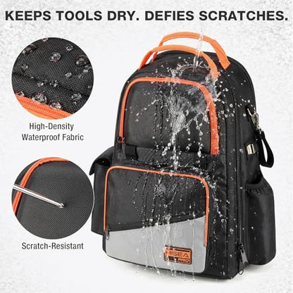 HISEA Tool Backpack, 18-Inch Heavy Duty Tool Bag Organizer with 37 Pockets | 1680D Oxford Waterproof Tools Storage Bag, with Laptop Compartment, for Electricain, Mechanic, Plumber, Tradesman