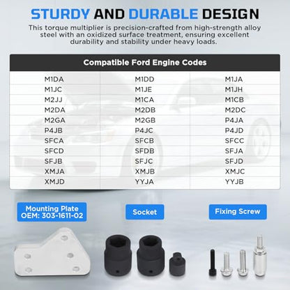 Torque Multiplier Set for Ford 1.0L/1.1L Ecoboost/Duratec Engine Crankshaft Belt Pulley Removal Tool 1: 5 Labor Saving & 1/2" Drive 1500Nm Bolt/Nut Remover Compatible with Ford 1.0L 1.1L 2.0L Engines