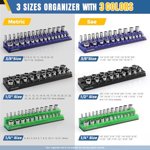 Magnetic Socket Organizer, 143-Socket Holder Tray Set| Strong Base | 3-Color Coded Tool Box Drawer Storage for 1/4", 3/8", 1/2" Drive (Metric/SAE), Non-Scratch Rubber Coated(Socket not Include)