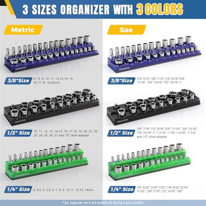 Magnetic Socket Organizer, 143-Socket Holder Tray Set| Strong Base | 3-Color Coded Tool Box Drawer Storage for 1/4", 3/8", 1/2" Drive (Metric/SAE), Non-Scratch Rubber Coated(Socket not Include)