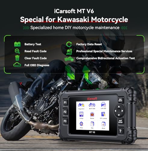Motorcycle Bidirectional Diagnostic Scan Tool for Kawasaki, iCarsoft MT V6 All System Motor OBD2 Scanner- All Actuation Tests, Special Functions, Battery Test, Also for Car OBD2 Diagnose-Upgraded Ver