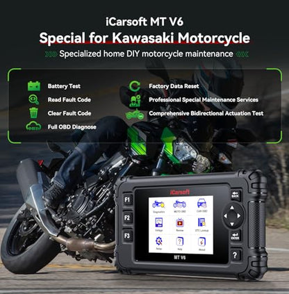 Motorcycle Bidirectional Diagnostic Scan Tool for Kawasaki, iCarsoft MT V6 All System Motor OBD2 Scanner- All Actuation Tests, Special Functions, Battery Test, Also for Car OBD2 Diagnose-Upgraded Ver