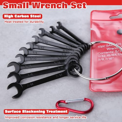 10PCS Mini Wrench Set Standard SAE 5/32"-7/16" | Black Electrophoretic Coating, Portable Pouch and Key Rings, Ignition Wrenches Open End and Box End Combination Wrench Set - size: SAE