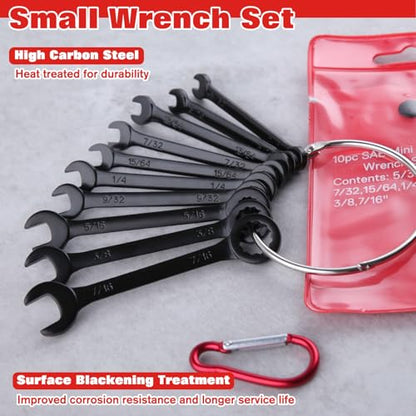 10PCS Mini Wrench Set Standard SAE 5/32"-7/16" | Black Electrophoretic Coating, Portable Pouch and Key Rings, Ignition Wrenches Open End and Box End Combination Wrench Set - size: SAE