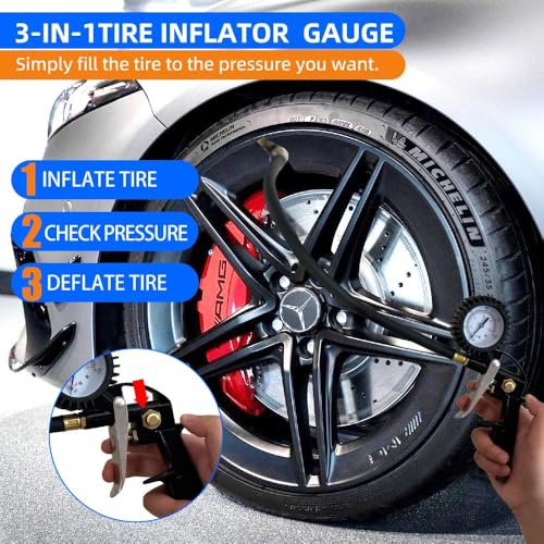 RayMagic 18 Pieces Air Compressor Accessories kit, 1/4 inch x 25 ft Recoil Poly Air Compressor Hose Kit, 1/4" NPT Quick Connect Air Fittings, 150 PSI Tire Inflator Gauge, Heavy Duty Blow Gun, Gray