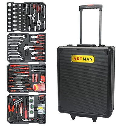 899pcs Rolling Tool Box Set with Lock,Rolling Trolley Case Tool Sets, 4 Layer of Tool Sets 90 Piece Tool Kits on Wheel, Wrench Socket Rolling Hand Tool Box Tool Kit for Garage,Repair Kit(Black) - size: 899pcs - Black