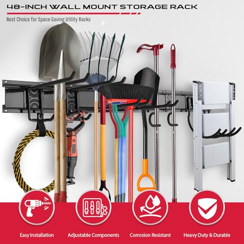 SEDY 48" Heavy Duty Garage Wall Organizer, Wall Mount Tool Storage Rack with Adjustable Hooks, Garden Tool Organizer Hold Up to 300lbs, Easy Installation (3 Panels, 8 Hooks, 3 Straps) - style: 48" Garage Wall Organizer (3 Panels, 8 Hooks, 3 Straps)