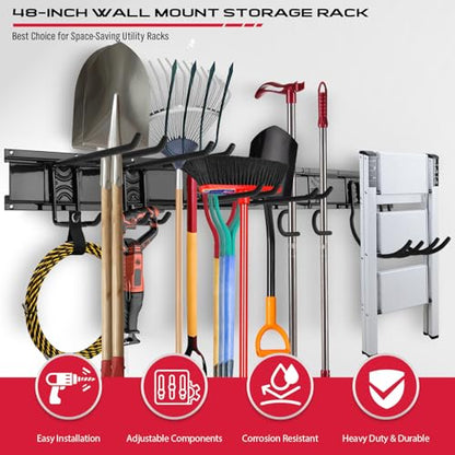 SEDY 48" Heavy Duty Garage Wall Organizer, Wall Mount Tool Storage Rack with Adjustable Hooks, Garden Tool Organizer Hold Up to 300lbs, Easy Installation (3 Panels, 8 Hooks, 3 Straps) - style: 48" Garage Wall Organizer (3 Panels, 8 Hooks, 3 Straps)