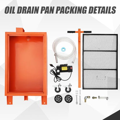 Low Profile Oil Drain Pan 15gal with 110V Electric Pump, 8ft Hose & Folding Handle, Rolling Drain Cart for Cars Trucks SUVs RVs, Leak-Proof Heavy-Duty Oil Change Pan for Garage Workshop,Orange