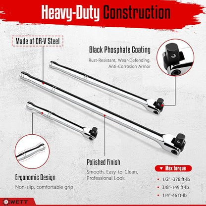 WETT 10-Piece Breaker Bar Set with 180° Rotatable Head, 1/4'', 3/8'' and 1/2'' Drive, Heavy Duty Breaker Bars with Extension Bars and Adapters, 6'', 10'' & 15'' Length, CR-V Steel