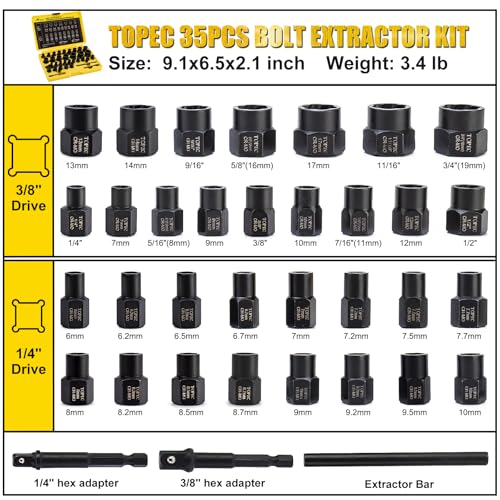 Topec Bolt Extractor Kit, 35-Piece Broken Bolt Extractor Set | Impact Bolt & Nut Remover Socket Set, Removal Tool for Removing Damaged, Frozen, Rusted, Rounded-Off Bolts, Nuts & Screws - color: 35-piece