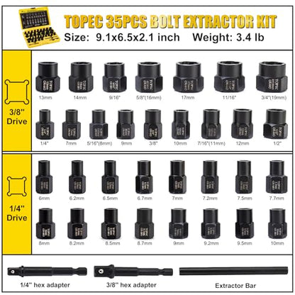 Topec Bolt Extractor Kit, 35-Piece Broken Bolt Extractor Set | Impact Bolt & Nut Remover Socket Set, Removal Tool for Removing Damaged, Frozen, Rusted, Rounded-Off Bolts, Nuts & Screws - color: 35-piece