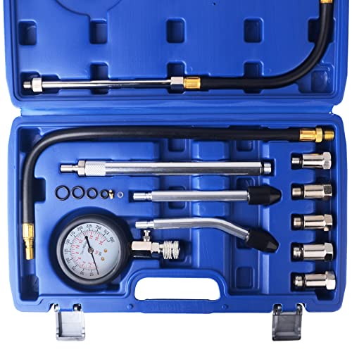 DAYUAN Professional Petrol Engine Compression Tester Kit (Dark Blue- 11Pcs) | Dual Scale Gauge, 0-300 PSI/0-20 Bar, Reinforced Rubber Hose - color: Dark blue- 11Pcs