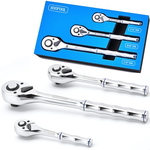 KOOPOOL 3-Piece Ratchet Set, 1/4", 3/8", 1/2" Drive | 72-Tooth, Quick Release, Reversible Socket Wrench, Chrome Alloy