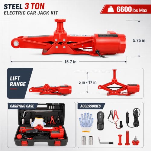 Steel 3 Ton Electric Car Jack Kit, Portable 12v Electric Scissor Jack Featuring Lug Wrench, Safety Stop, and Case, Emergency Tire Changing Tool Kit for Sedan SUV Tire Replacement (Red)