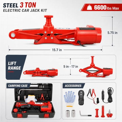 Steel 3 Ton Electric Car Jack Kit, Portable 12v Electric Scissor Jack Featuring Lug Wrench, Safety Stop, and Case, Emergency Tire Changing Tool Kit for Sedan SUV Tire Replacement (Red)