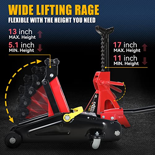 Auto Dynasty 2 Ton Floor Jack with Jack Stands, Heavy Duty Steel Hydraulic Racing Floor Jack with Single Piston Quick Lift Pump, Hydraulic Trolley Service Car Jack, Red/Black - color: Red/Black