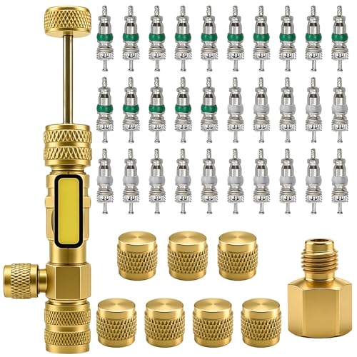 TWTADE Valve Core Remover Installer Tool with Dual Size SAE 1/4 and 5/16 Port Brass Adapter, 30PCS Valve Cores, 7PCS Brass Nut for R12 R22 R410 R32 etc HVAC System - color: Yellow - 39pcs