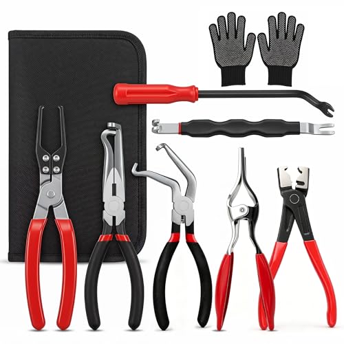 9PCS Disconnect Pliers Electrical Connector Removal Tool with Bag and golve | Hose Clamp Pliers & Fuel Line Disconnect Tool Set, Safe Tight Engine Bay Repair, Electrical Connector Removal & Maintenance