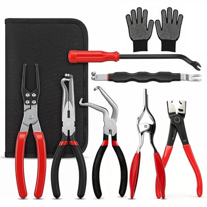 9PCS Disconnect Pliers Electrical Connector Removal Tool with Bag and golve | Hose Clamp Pliers & Fuel Line Disconnect Tool Set, Safe Tight Engine Bay Repair, Electrical Connector Removal & Maintenance