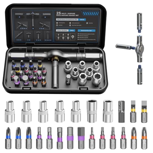 25 in 1 Magnetic Ratchet Screwdriver Set, S2 Steel Bits & 7 CR-V Sockets, Flexible Shaft, Magnetic Multi Bit Screwdriver Kit with Case for Furniture, Electronics, Bicycle & Home Repair - size: 25 in 1