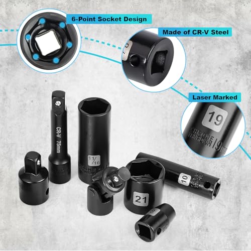 Impact Socket Set, 3/8 inch 50 Piece SAE and Metric Set, Standard SAE (5/16 to 3/4 inch) and Metric (8-22mm) 6 Point, Extension Bars, Impact Universal Joint, Adapter, Cr-V Steel - size: 3/8inch 50PCS