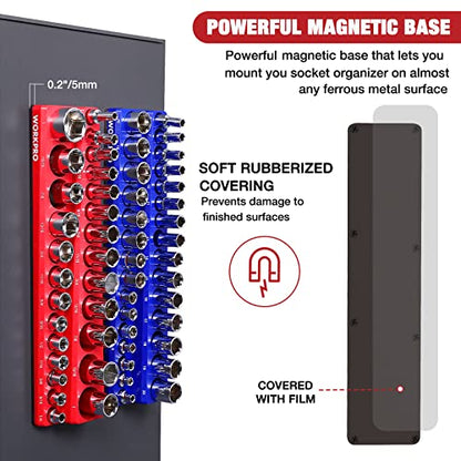 WORKPRO 3/8-inch Magnetic Socket Organizer Set, 2-Piece SAE & Metric Socket Holders, Holds 56 Standard and Deep Sockets for Tool Box, Tool Carts (Sockets Not Included) - size: 3/8" SAE&Metric