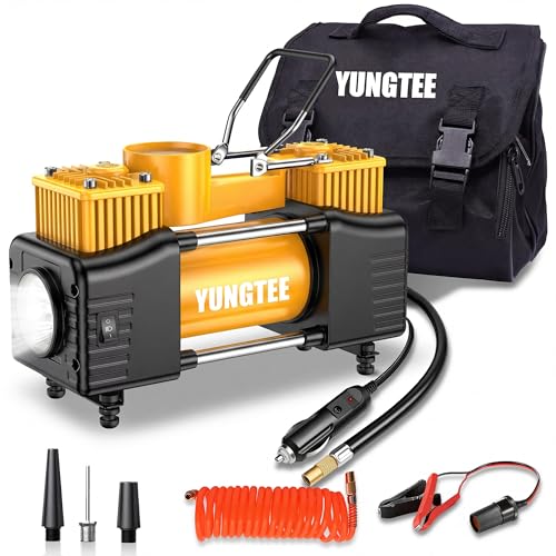 YUNGTEE Yellow Tire Inflator Heavy Duty Double Cylinders Direct Drive Inflation Pump,12V Portable Air Compressor Pump with Emergency LED Light - 150PSI Tire Pump,Apply to Car,Suv,RV - color: Yellow