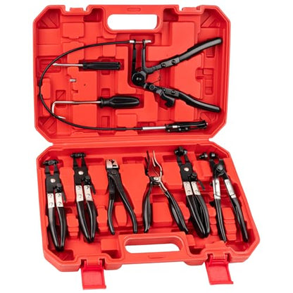 9PCS Hose Clamp Pliers Set, Long Reach Flexible Wire Hose Clamp Remover Tool for Automotive Coolant Radiator Heater & Water Hoses with Swivel Jaw and Flat Band Clamps