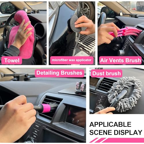 Pink 62" Car Wash Brush with Long Handle,Chenille Microfiber Car Wash Mop Sponge Mitt ,Windshield Window Squeegee,Wheel Brush,Car Detailing Brushes,Car Duster,Towel,Car Cleaning Kit for Cars RV Truck