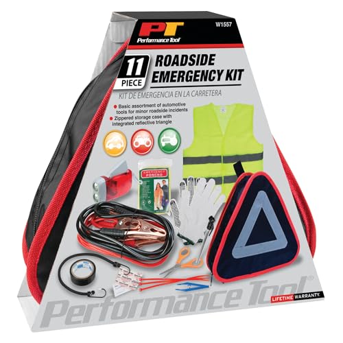 Performance Tool W1557 Roadside Assistance Kit with Jumper Cables, Reflective Triangle, Flashlight, Safety Vest, and More, in Zippered Storage Case - style: 11pc Roadside Emergency Kit