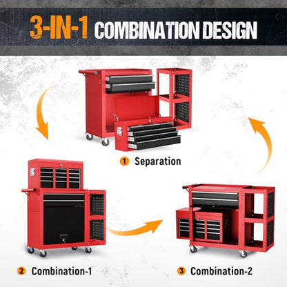 8-Drawer Rolling Tool Chest,3-in-1 Tool Box on Wheels with Lockable Steel Garage, Detachable Top Toolbox & Bottom Storage Cart with Additional Cabinet for Repair Room,Warehouse, 2026 Red - size: Large-Red