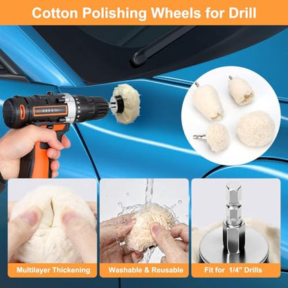 Linstyle Buffing Wheels for Drill: 9PCS Non-Woven & Cotton Polishing Wheel Kit, with Extension Holder 1/4" Hex Shank Drill Attachment Rust Removal for Car Wheel Rim Headlight, Metal, Aluminum, Brass