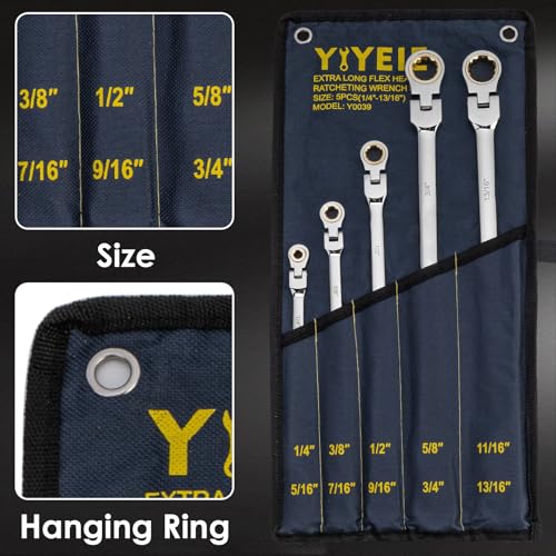 Extra Long Flex-Head Ratcheting Wrench Set, SAE 1/4" to 13/16", 5 Pcs Double Box End Long Handle Ratchet Wrenches, 72-Teeth, CR-V Labor-Saving Aviation Spanner with Pouch, Extra Torque for Tight Bolts - size: Extra Long Set SAE