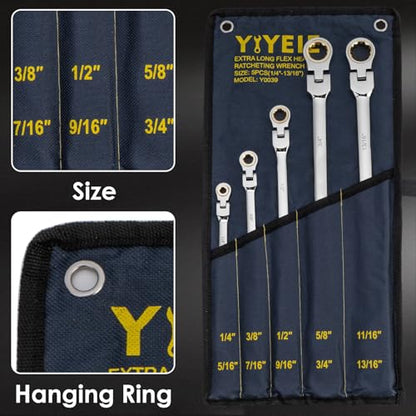 Extra Long Flex-Head Ratcheting Wrench Set, SAE 1/4" to 13/16", 5 Pcs Double Box End Long Handle Ratchet Wrenches, 72-Teeth, CR-V Labor-Saving Aviation Spanner with Pouch, Extra Torque for Tight Bolts - size: Extra Long Set SAE