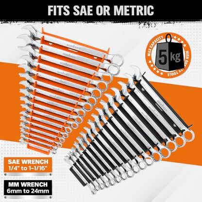 HORUSDY 2-Piece Magnetic Wrench Organizer, 32-Slot Wrench Storage Rack for Toolboxes, Drawer & Garage, SAE (1/4" - 1-1/16") & Metric (6mm - 24mm) Wrench Holder, Black & Orange, 11LBS Capacity - style: 2-Piece Magnetic Wrench Organizer, 32-Slot