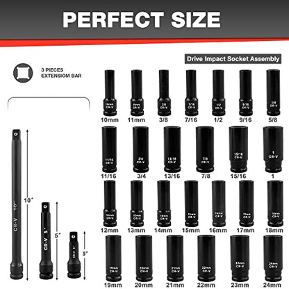 EACELIY 29pcs 1/2" Socket Set, Drive Deep Impact Socket Set, Including 3 ", 5", 10" Impact Extension Bar, Standard SAE (3/8 "- 1") and Metric (10mm-24mm), Cr-V Steel - size: 1/2" Deep Sockets (10-24mm, 3/8 "- 1")
