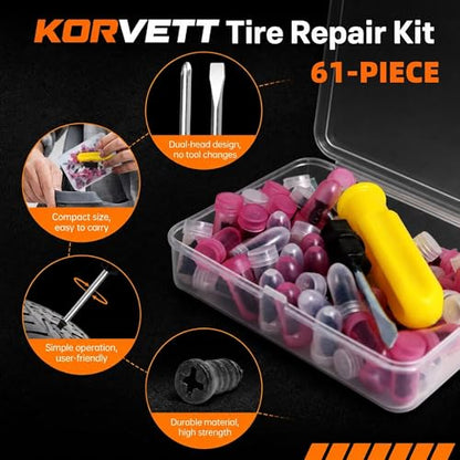 61PC Tire Plug Repair Screws Kit, Self-Tapping Rubber Nails with Screwdriver –Emergency Repair, Screw in Tire Plugs for Car, ATV, UTV, Motorcycle, Truck, Tractor