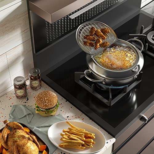 Kerilyn Deep Fryer Pot, 9.4 Inch/3.4 L Janpanese Style Tempura Frying Pot with Lid, 304 Stainless Steel with Temperature Control and Oil Drip Drainer Rack, for Kitchen French Fries, Chicken etc - size: 9.4 Inch