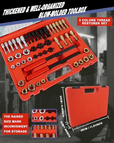 51PCS Thread Restorer Tool, Thread Repair Tool Kit, Thread Files | 22 Taps 24 Dies 3 Thread Files 2 Thread Gauges，Master Thread Rethreading Kit UNC UNF & Metric Thread Chaser Set - size: 51 Thread Repair Set