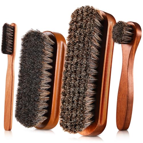 4 Pcs Horsehair Shine Shoes Brush Kit Polish Dauber Applicators Cleaning Leather Shoes Boots Care Brushes Suede Cleaner Brush with Microfiber Shoe Cloth(Brown Style A) - style: Brown Style A